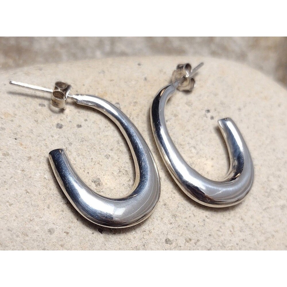 Vintage Sterling Silver J Tube Hoop Drop Earrings